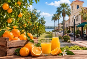 Fresh Florida oranges and orange juice overlooking a historic citrus grove and charming downtown scene in Avon Park, Florida.